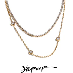 Yhpup New Arrivals Stainless Steel Double Layer Cubic Zirconia Chain Necklace for Women Temperament Delicate Premium Jewelry