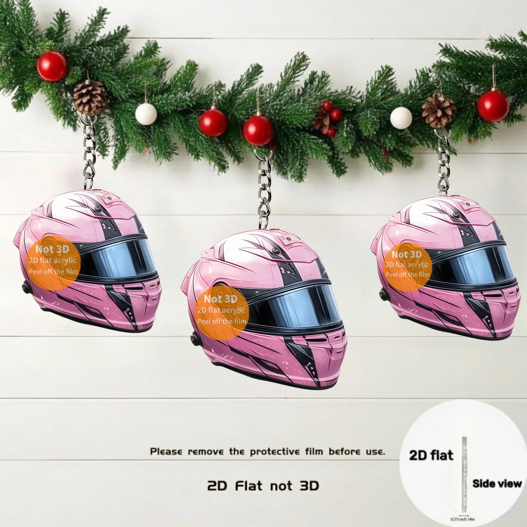 Cute Pink Motorcycle Helmet Pendant Keychain 2D Flat Acrylic Ornament Charms Hanging Decoration for Car Bags Festive Party Gift