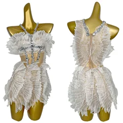 Women Sexy Prom Gowns WHite Crystal Transparent Wings Mini Dress Bar Nightclub Party Singer Stage Performance Costume Jinchan