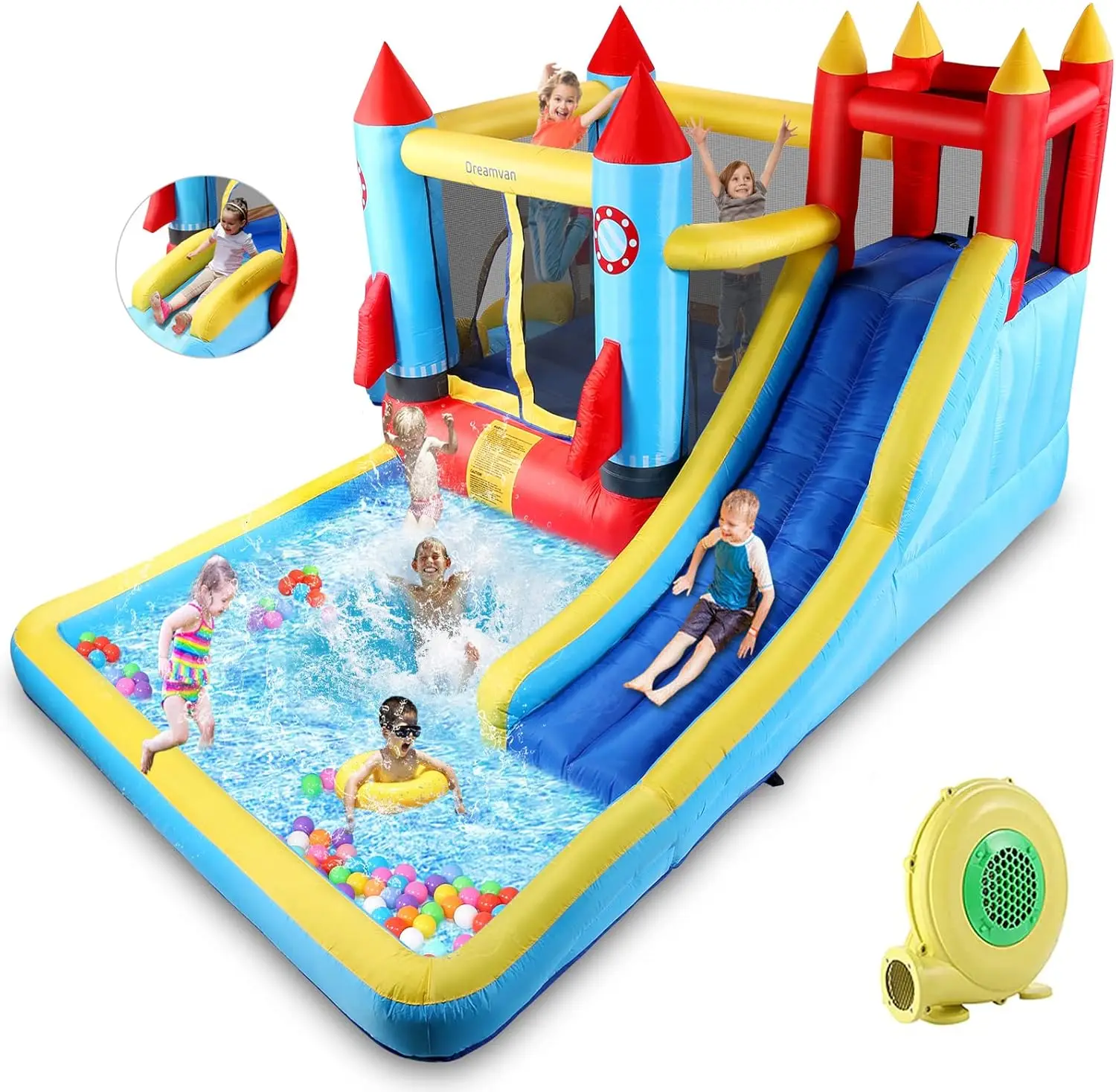 

Bounce House, надувной Bounce Castle с воздуходувкой для детей от 3 до 12 лет, надувной дом на открытом воздухе/в помещении, аквапарк для заднего двора с 2 разрядами