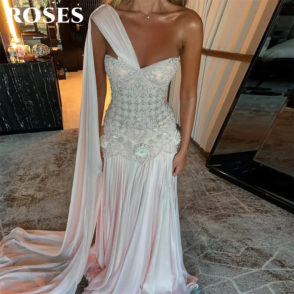 ROSES Blush Pink Prom Dresses One Shoulder Gala Dresses with Crystal and Flower Beach Saudi Arabic Evening Party Gown Customized