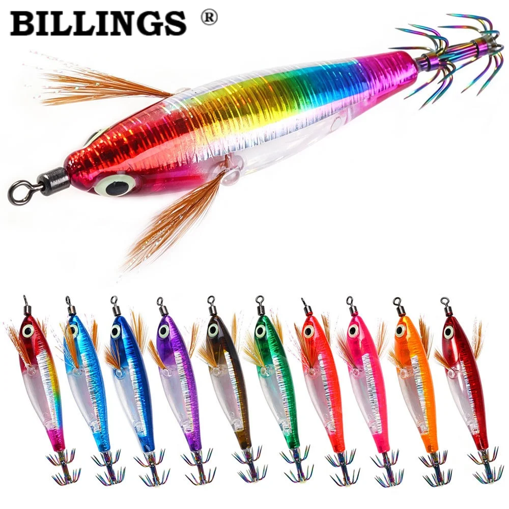 BILLINGS 1 Stück Aser Glow Blowpipe Tintenfisch-Haken 8cm-5,5g Holz-Garnelenköder mit Rasselkugeln und großem Schwanz Tintenfischköder