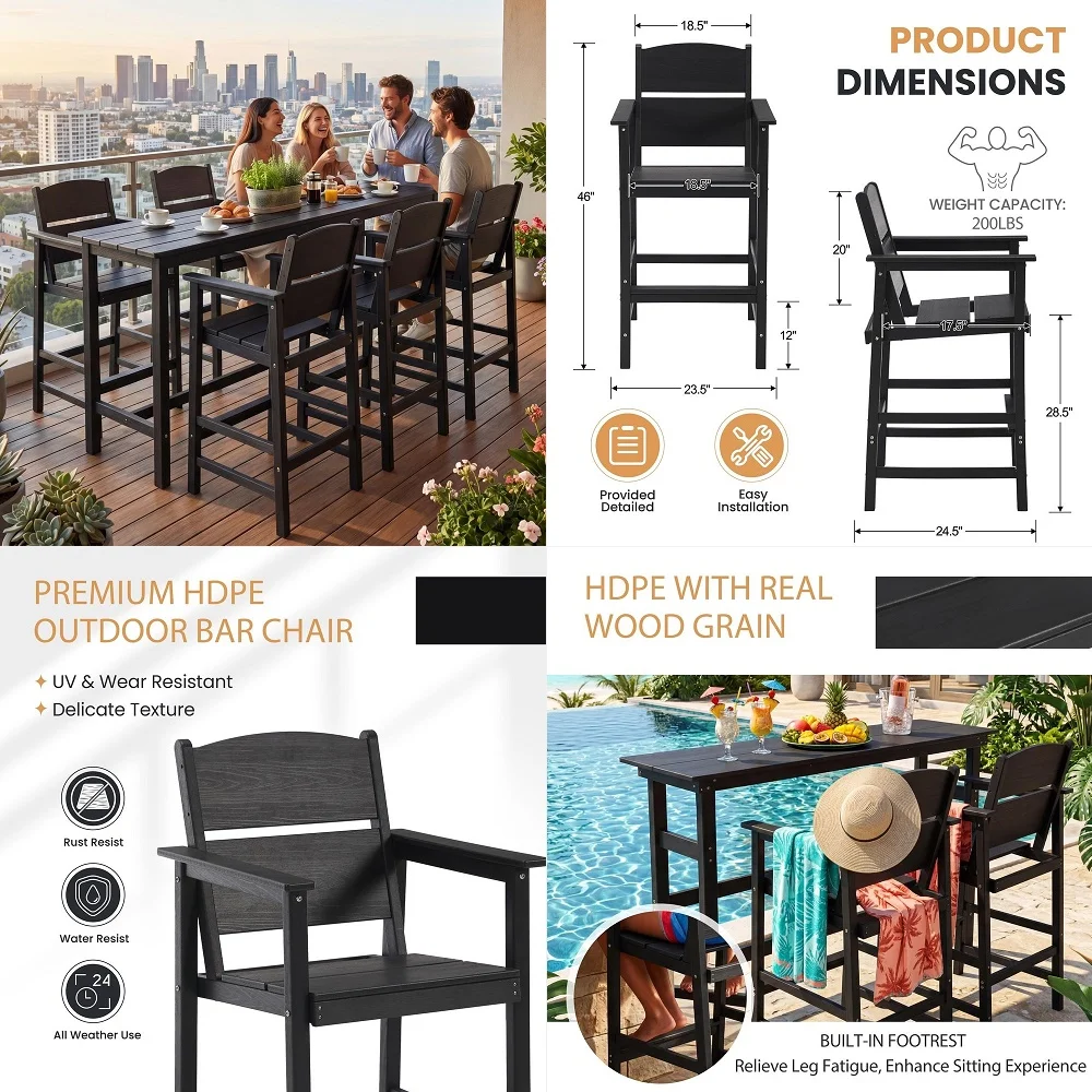 

Pack Outdoor Bar Stools, HDPE Plastic Patio Bar Chairs with Armrests amp Footrest, Weather Resistant AllWeather Counter Height