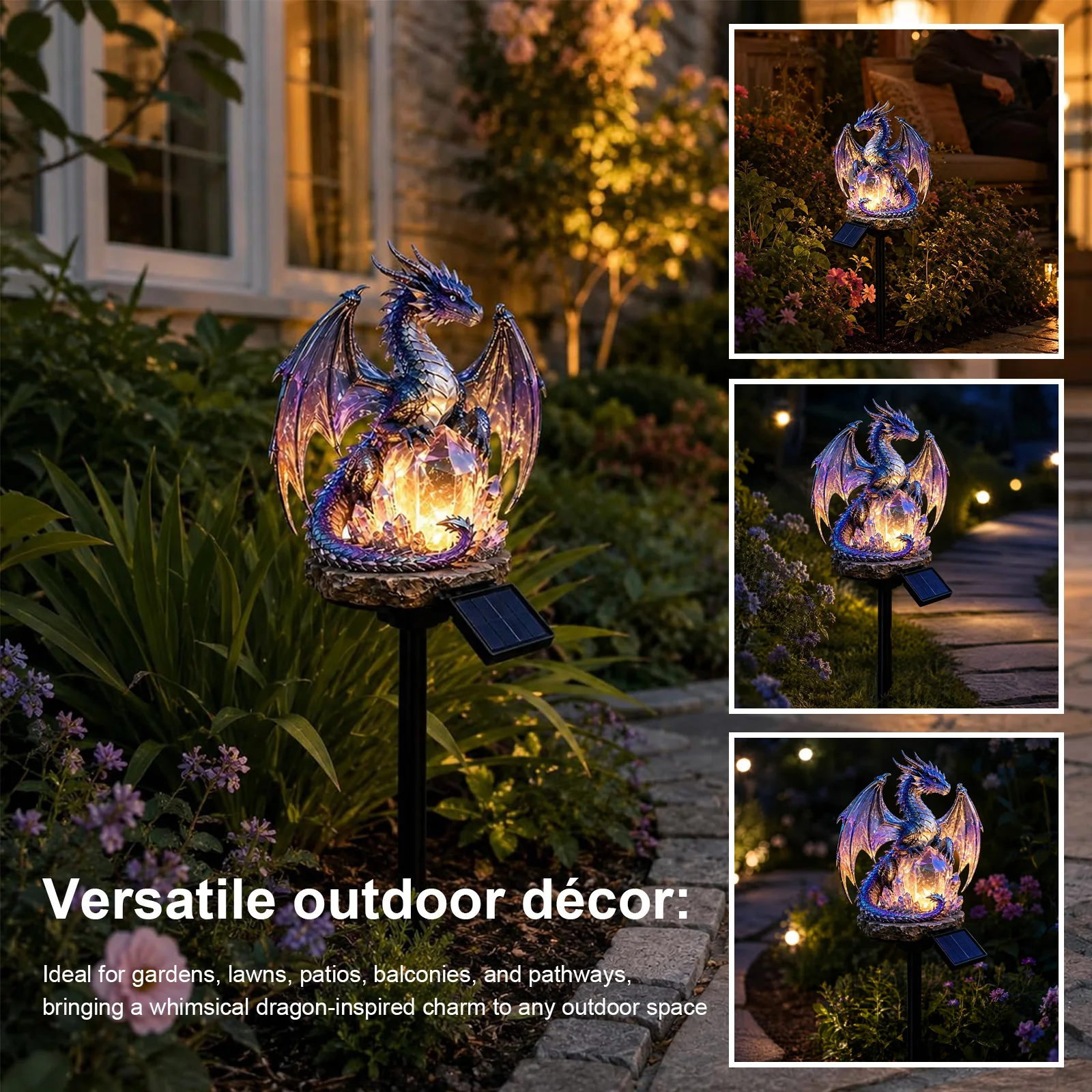 Solar Golden Ember Dragon Stake Lights Weatherproof Outdoor Resin Dragons Figurine Multi-Purpose for Housewarming Fantasy Lovers