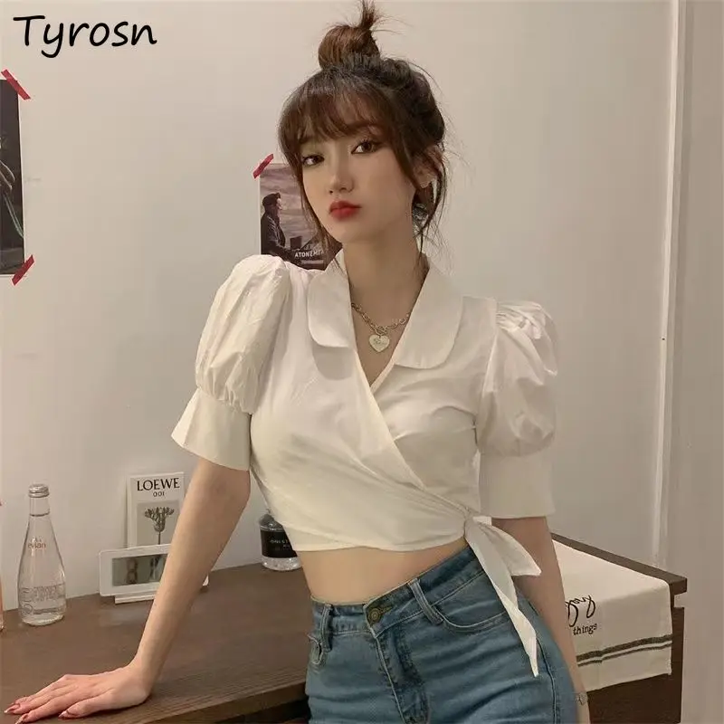 Blouses Women Skinny Sexy Cropped Design Stylish Personality Summer Hot Girls Bandage Sweet BF Puff Sleeve All-match Streetwear