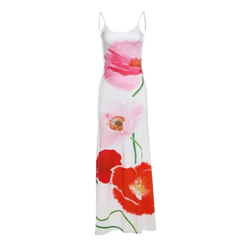 Vestido largo bohemio para mujer, traje con tirantes finos, estampado floral, Espalda descubierta, Sexy, 2025