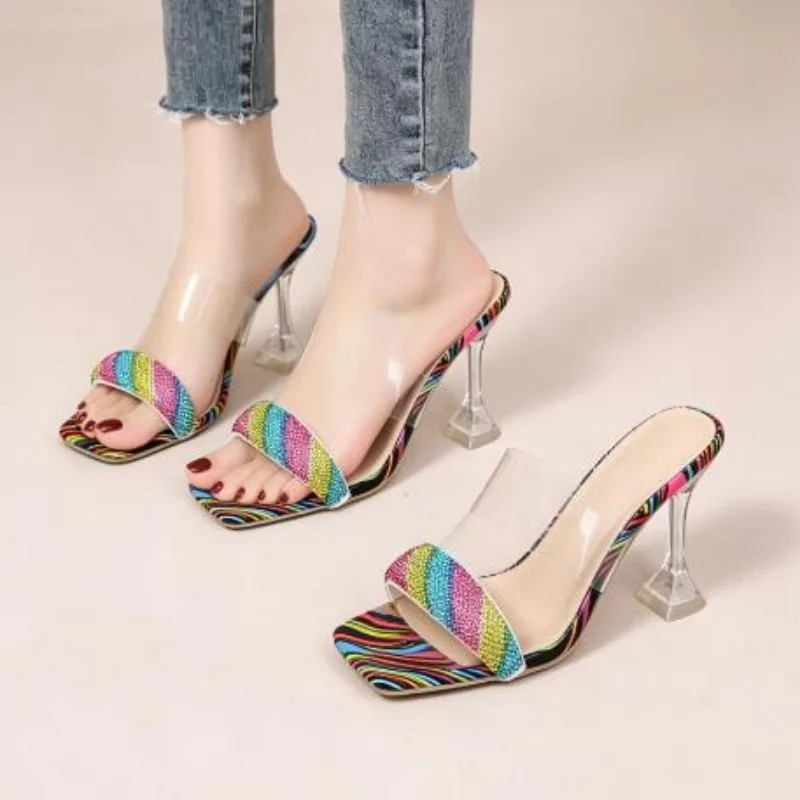 36-43 Size Women's Shoes 2026 New Style Women's Outdoor Wear Square Toe Straight Diamond High-heeled Sandals for Women