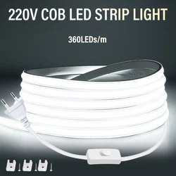 Tira de luces LED COB con enchufe europeo, 220V, 360led/m, RA90, lámpara Flexible para exteriores, cinta LED impermeable, decoración de cocina y habitación del hogar