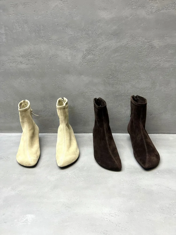 Women Autumn  Vintage Cow Suede Square Toe Stiletto Heel Boots Slip On Soft Genuine Leather Shoes Designer Ladies Short Boots