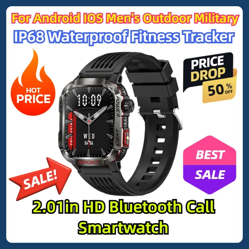 

For Android IOS Men's Outdoor Military IP68 Waterproof Fitness Tracker Compass 2.01in HD Bluetooth Call Smartwatch