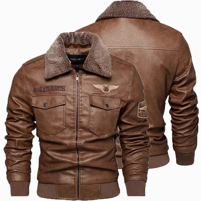 Men's Leather Jacket Casual Slim-fit Motorcycle PU Leather Jacket Outdoor Stand Collar Wool Warm Large Tactical Jacket