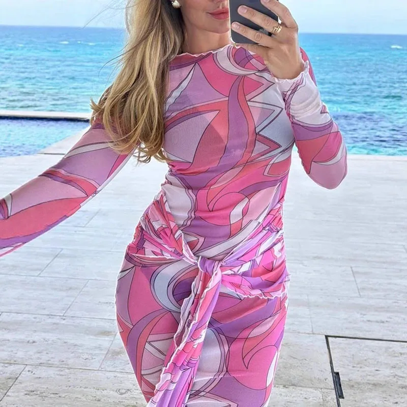 Nuove vacanze estive Abiti lunghi da spiaggia Donna Sexy Lace-up Slim Fit Fianchi Abito Primavera O Collo Manica lunga Maglia Boho Dress Abiti