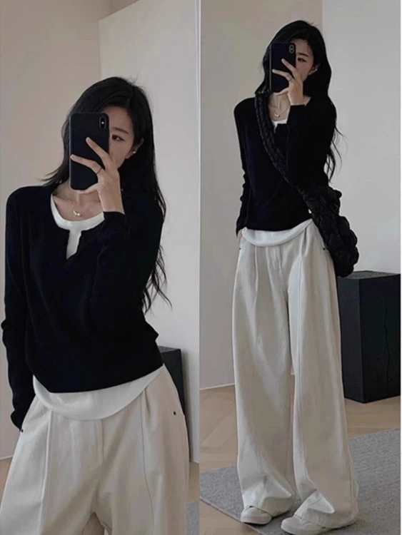 ユニークなファッショナブルな長袖女性の秋冬カシミヤブレンドベースレイヤーシャツカラーブロックデザインスリムフィット韓国スタイル