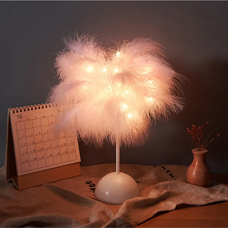 Home Bedroom Decoration Night Lights with Remote Control USB/AA Battery Powered LED Fairy Feather Table Lamps for Wedding Party