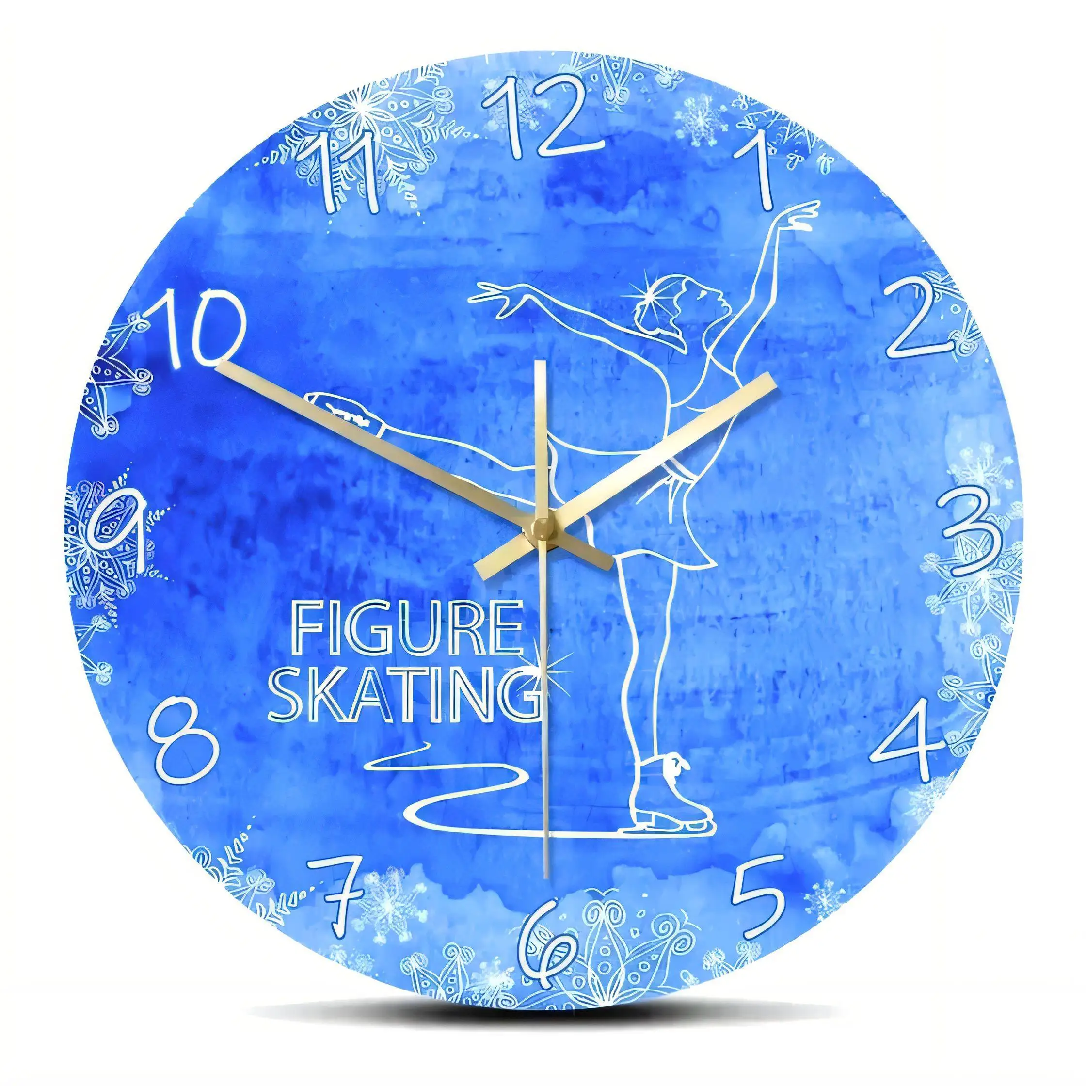 Vintage  Wall Clock Round Blue Watercolor Figure Skating Silent Non Ticking Battery Operated Home Decor