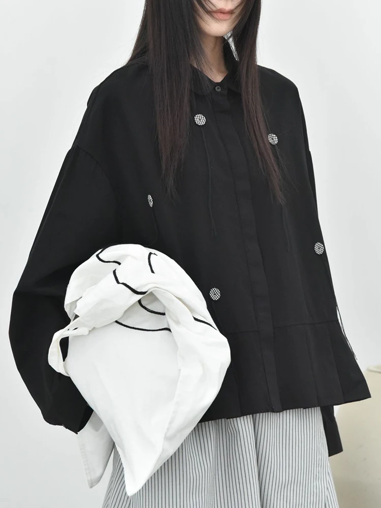 Women White Plaid String Big Size Pleated Blouse New Lapel Long Sleeve Shirt Fashion Tide Spring Autumn