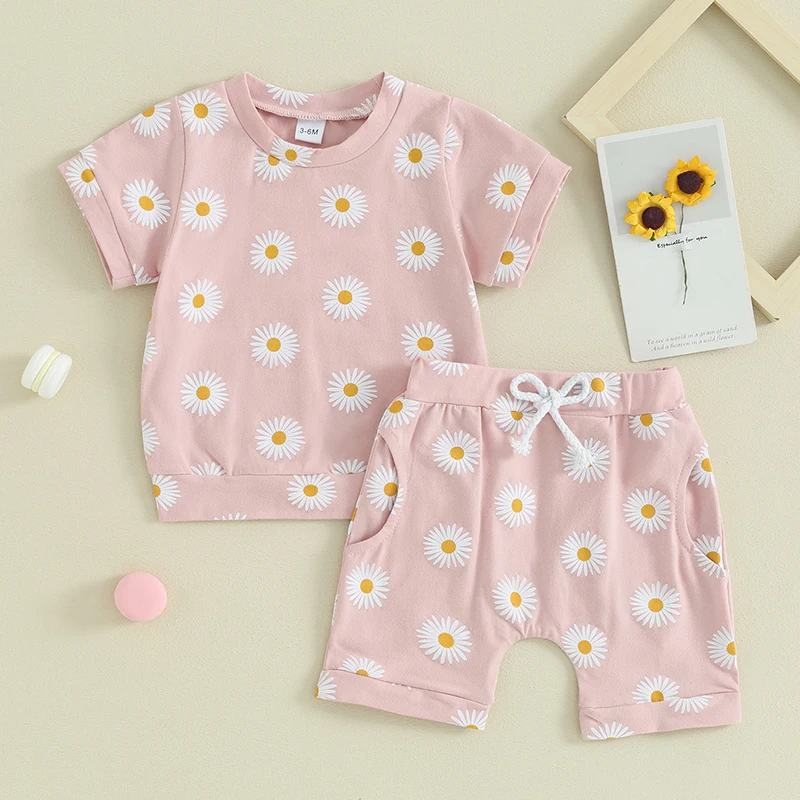 Toddler Baby Girl Clothes 2 Piece Summer Set Floral Print Short Sleeve Crewneck T-shirt Tops And Shorts Outfit