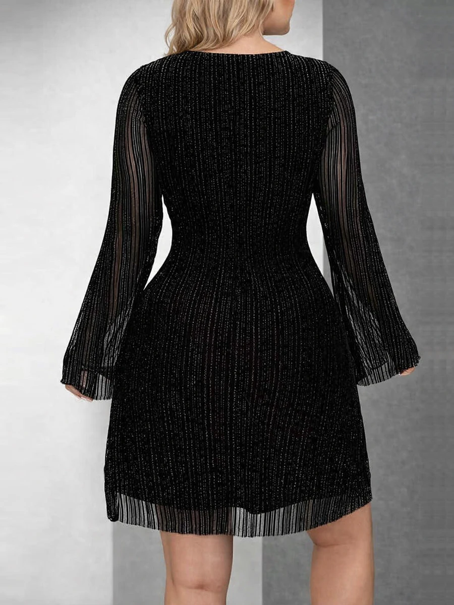 Plus Size Women Black Glitter Striped Bell Sleeve Mini Dress High Waist Slimming A Line Party Cocktail Short Dress view 4