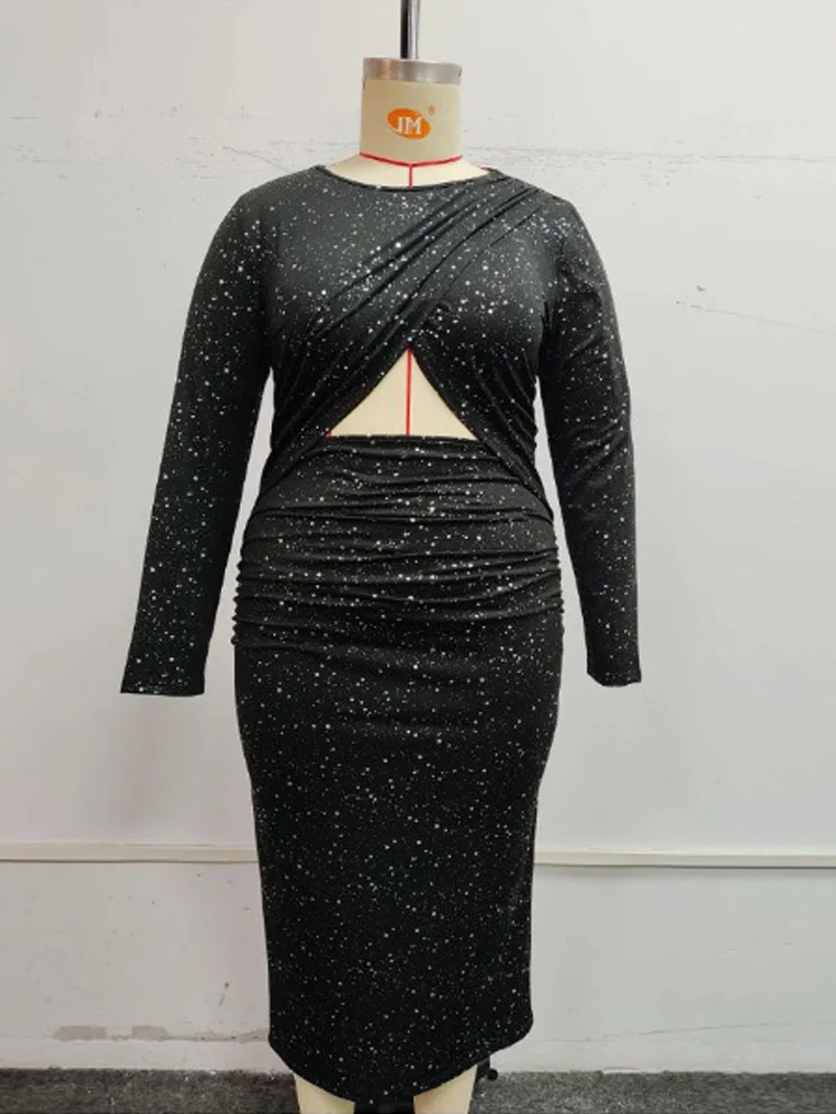 GIBSIE Plus Size Sexy Ritaglio Split Glitter Dress Donna 2024 Autunno Nero O-Collo Manica Lunga Partito Elegante Aderente Abiti Lunghi