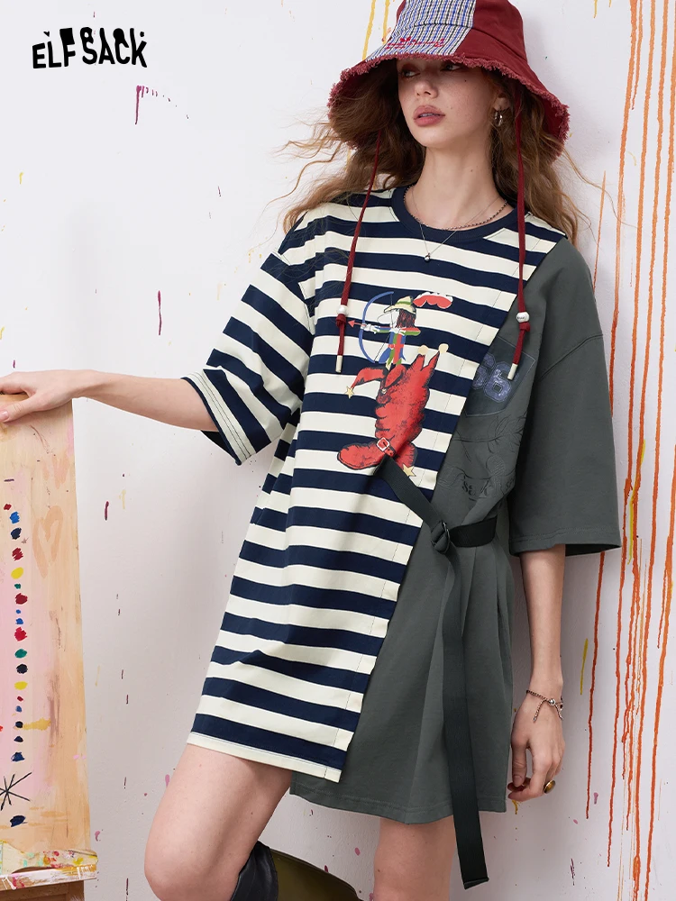 

Летнее повседневное свободное женское платье-футболка с карманами, асимметричное, в полоску, в стиле пэчворк, в морском стиле, из смесового полиэстера и хлопка