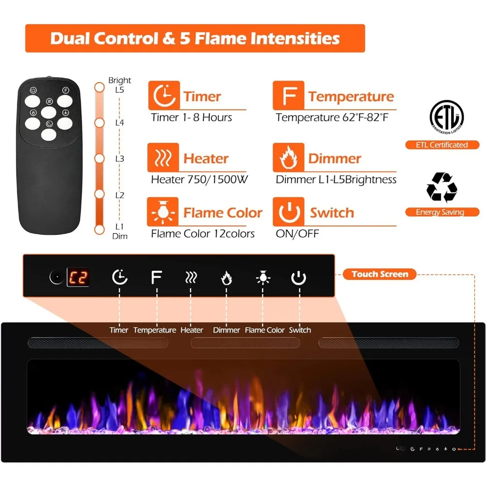 Chimenea eléctrica de 60 "montada en la pared y empotrada con Control remoto, 750/1500W con temporizador, Color de llama ajustable y brillo