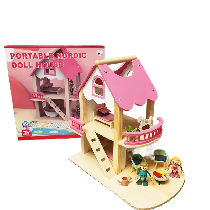 

Wooden portable princess doll house baby play house villa educational parent-child interactive small house toy