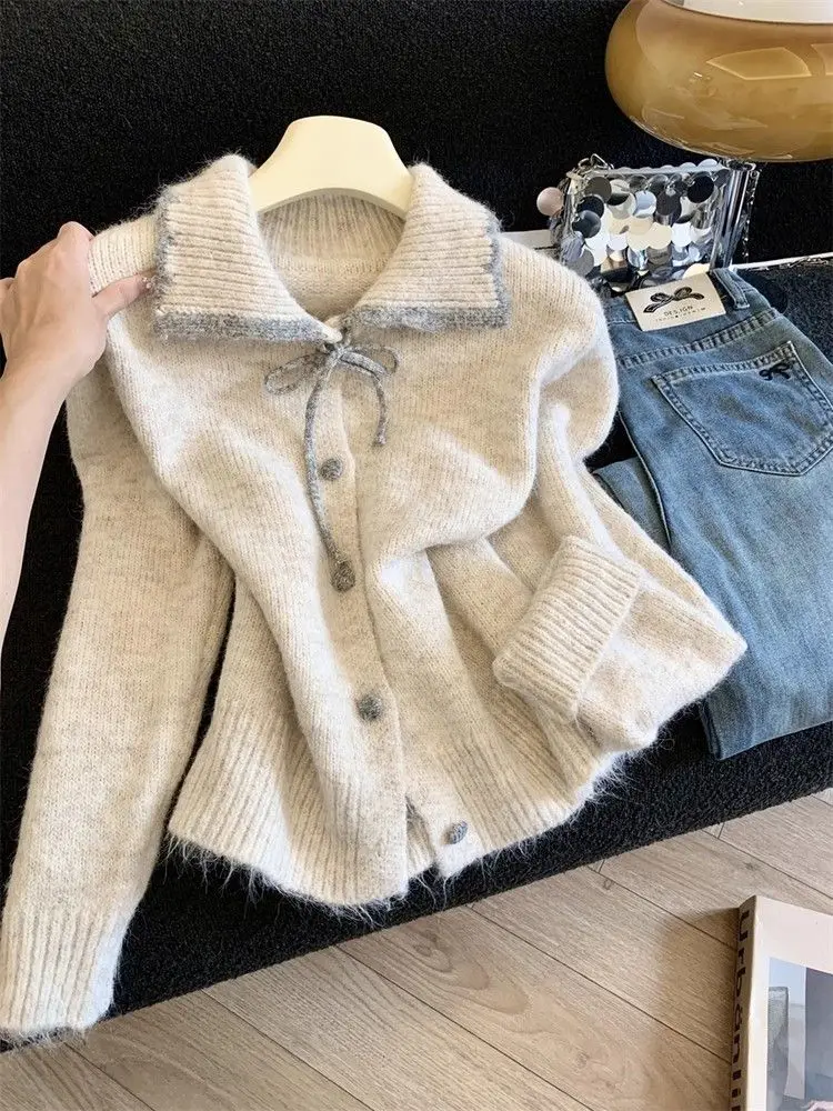 

Korean Sle Long Sve Knitted Ne Sweater Women's Single Button Color Blo Slimming Top Winter New Arrival Lazy Fas...