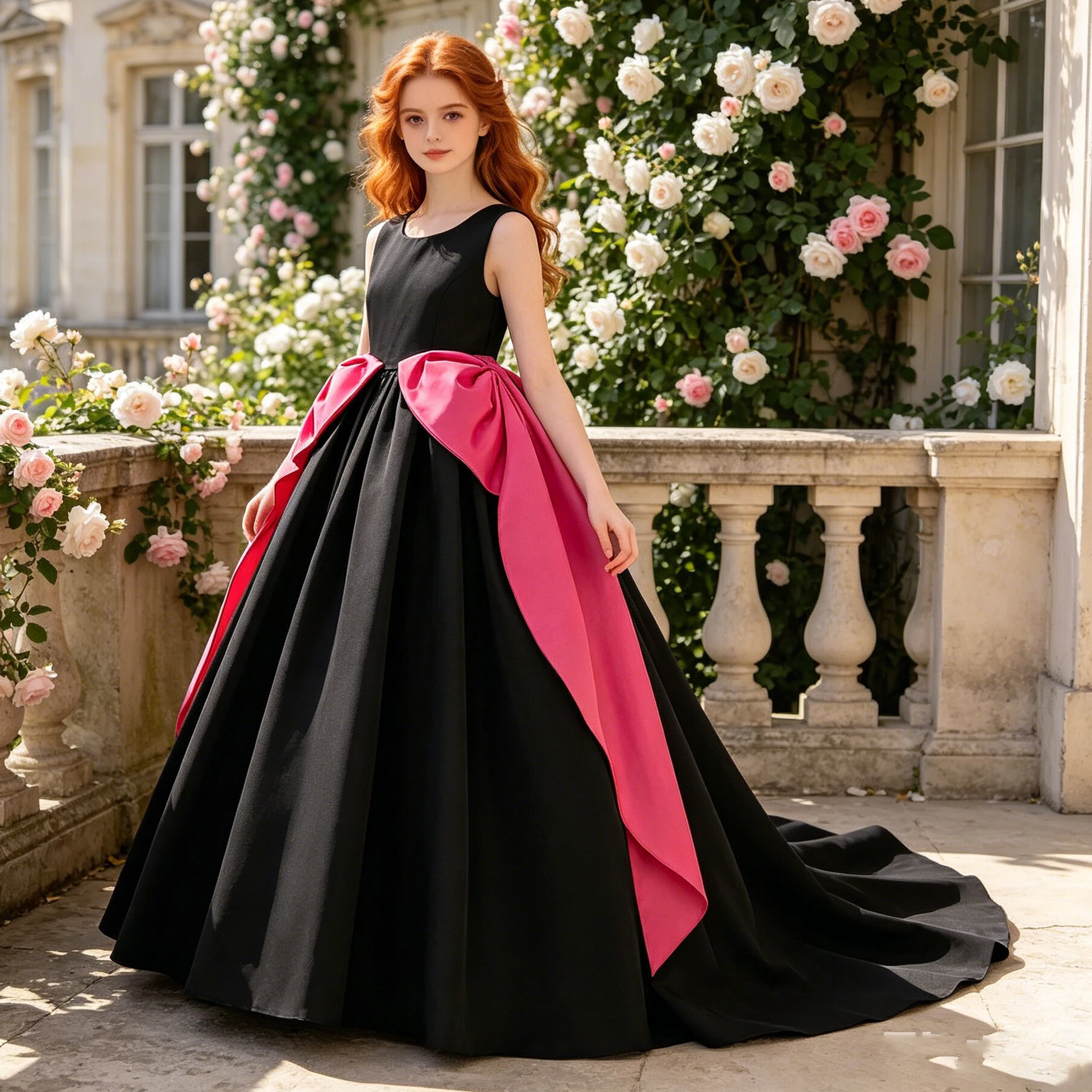 

Backless Big Bow Bridesmaid Party Girls Dress Elegant Wedding Birthday Princess Prom Dresses for Girls Graduation Host Ball Gown