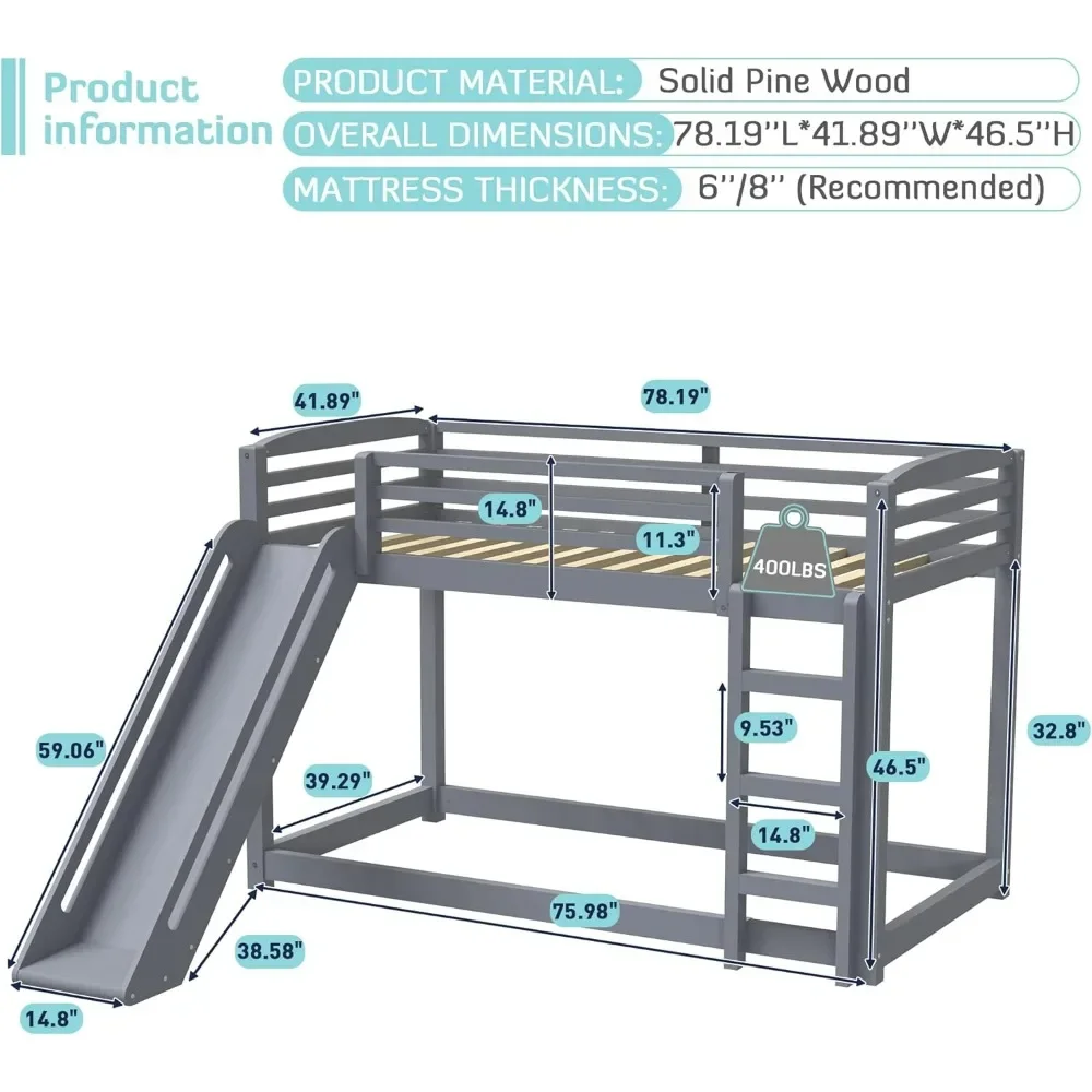 Bunk Bed with Slide and Ladder, Solid Wood Low Bunk Bed Twin Over Twin, Montessori Floor Bunk Bed with Guardrail for Kids Girls