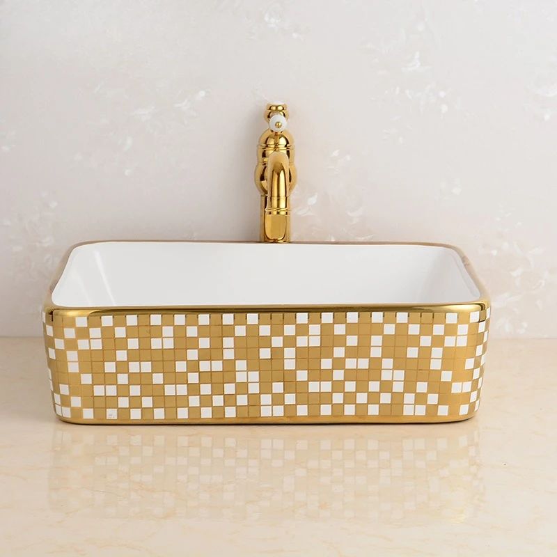Golden ceramic wash basin, bathroom rectangular art basin