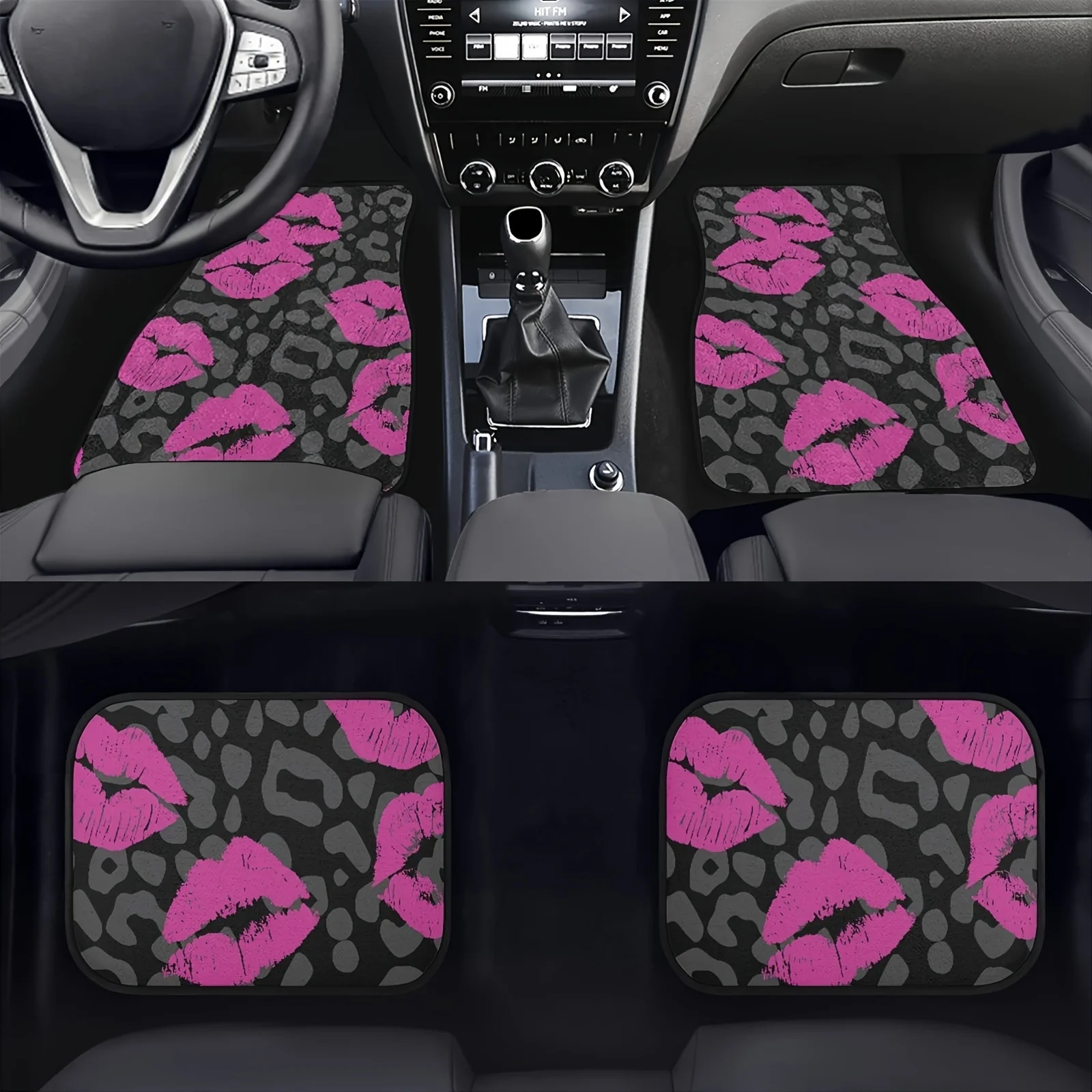 

A Set Of Four Car Mats Suitable For All Vehicle Types, Featuring Pink Lips And Leopard Print Designs, All-Season Vehicle Mats Wi