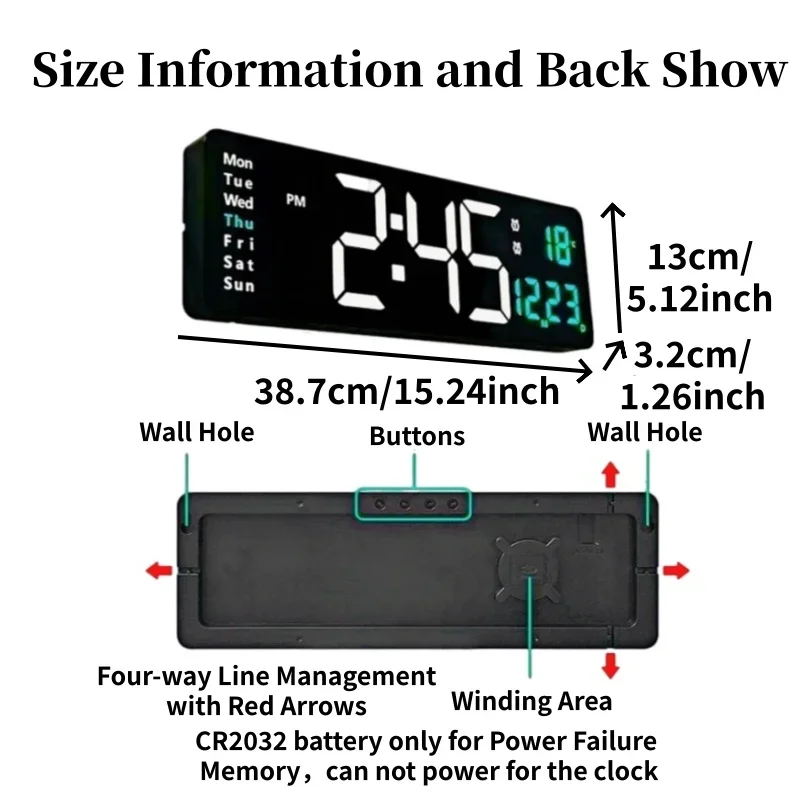 15.24 Inch Large Digital Wall Clock with Remote Date and Temperature Auto Dimming Timing 12/24H LED Alarm Clock for Yoga Gym