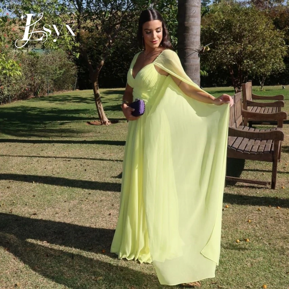 LSYX Saudi Arabia V-neck Chiffon Floor length Evening Dress Cape Sleeves Simple Pleats Ruching A-line Prom Gown