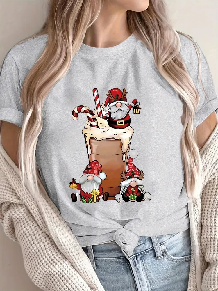 Camiseta de Manga Corta con Estampado Navideño de Gnomo y Papá Noel para Mujer, Cuello Redondo Informal, Atuendo Festivo, Camiseta con Estampado Divertido