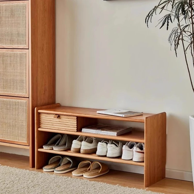 Light Luxury Shoe Cabinets All-cherry Wood Entrance Foyer Shoe Cabinets Shelf Cushion Package Mueble Organizador Home Furniture