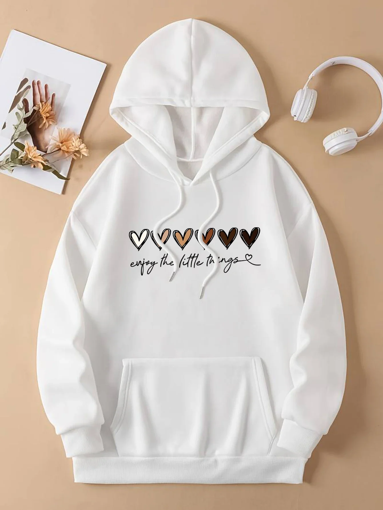 plus size Loose Printed Hooded Sweatshirt For Women Long Sleeve Plus Velvet Kangaroo Pocket Top Casual Sports Pullover