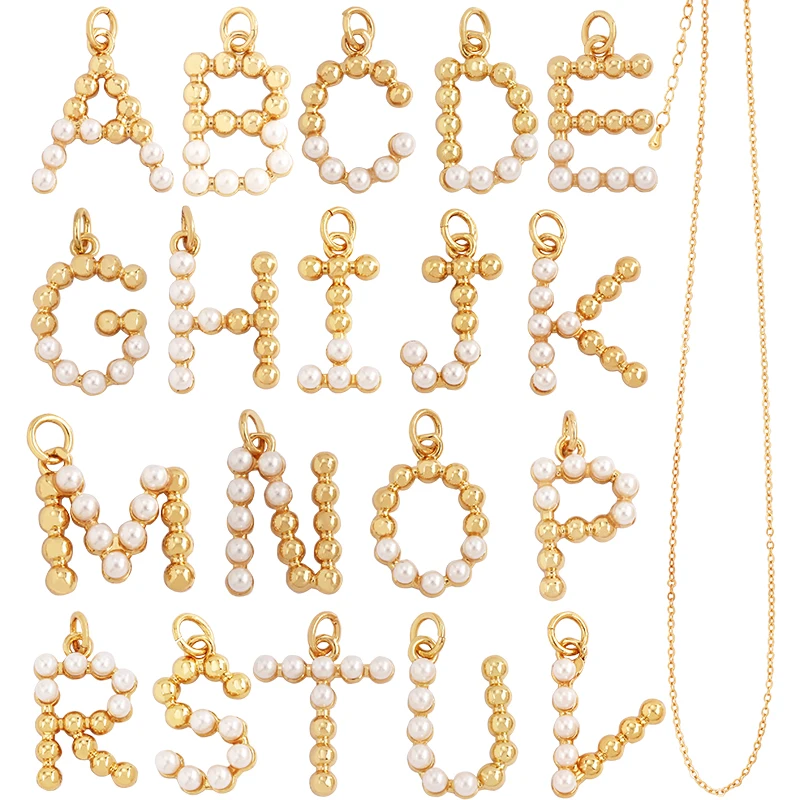 Colgante con dije de letra y nombre inicial de oro de 18 quilates con perla de imitación Simple a la moda, sin collar de circón, suministros de joyería L01