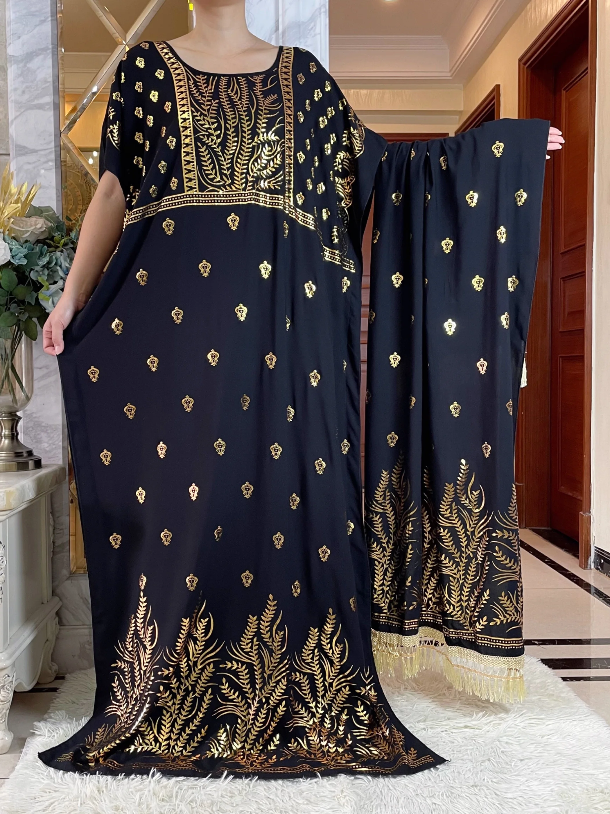 2024 New Muslim Women Summer Abaya Short Sleeve Cotton Dress Gold Stamping Loose Lady Maxi Islam African Dress With Big Scarf