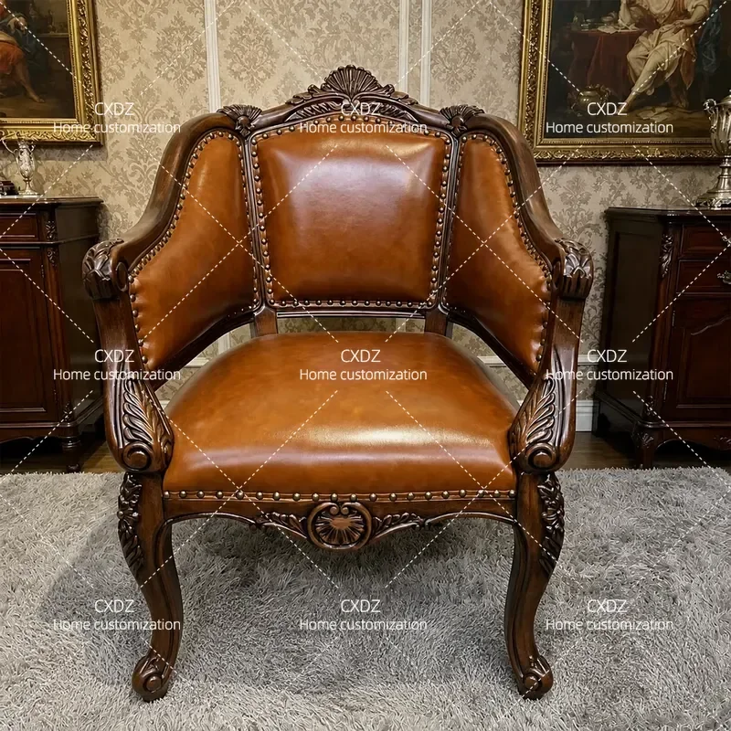 American Solid Wood Carved Floral Leather Sofa Chair Living Room Single Leisure Meeting Retro Balcony Tiger Chair