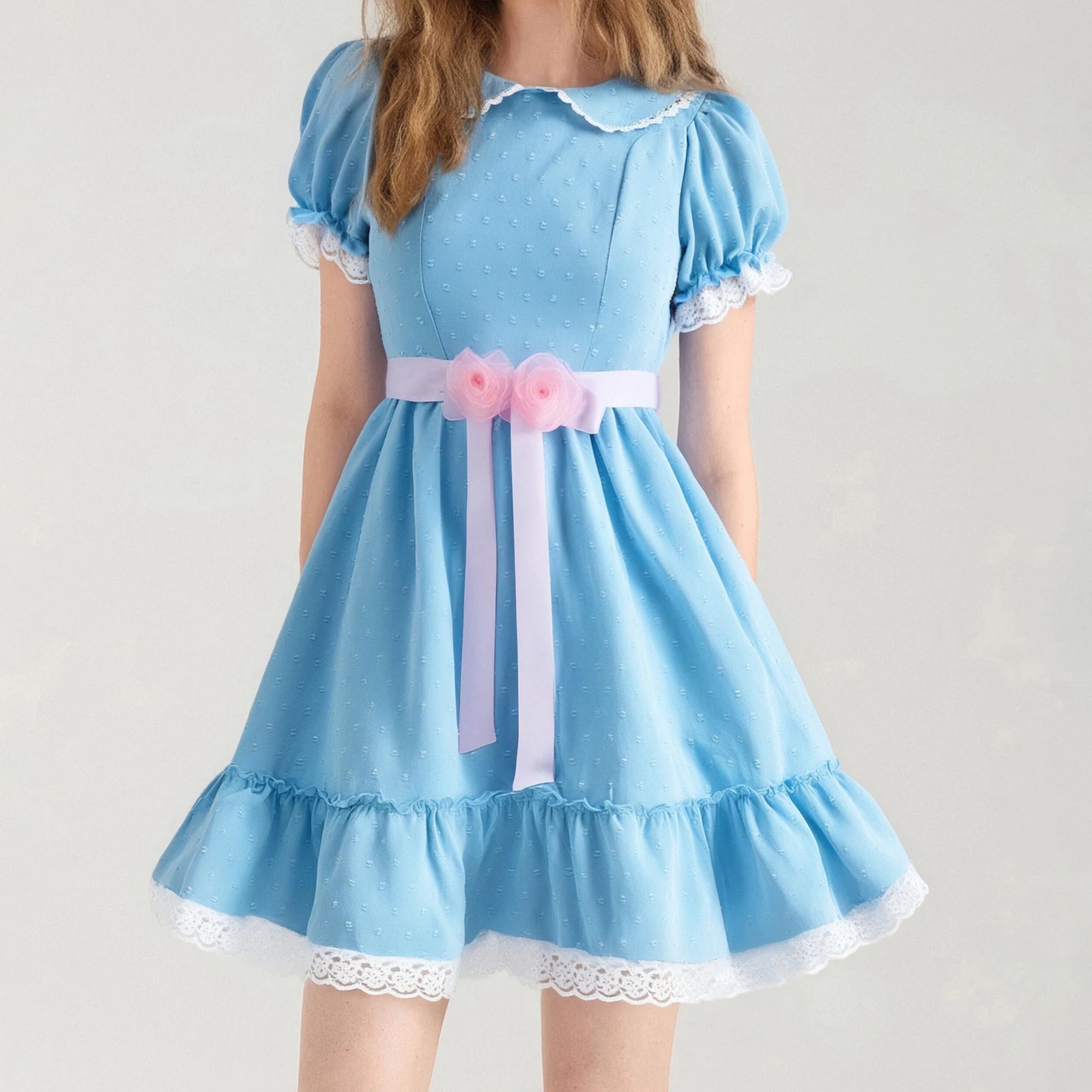 2025 Women Sweet Appliques Mini A Line Dress Short Puff Sleeve Doll Collar Lace Patchwork Dress with Floral Belt