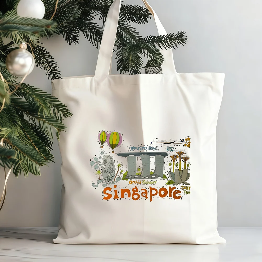 

Singapore Landmarks Canvas Bag Merlion & Marina Bay Sands Print for Travel Souvenir