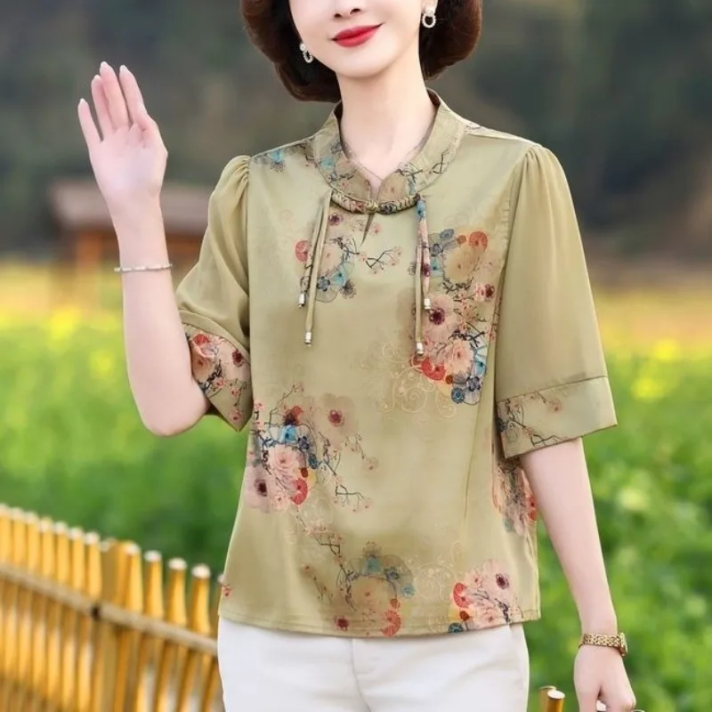 Folk Summer Women's 2024 New Pullover Stand Collar Patchwork Printing Drawstring Comfortable Casual Short Sleeve Blouses Shirts