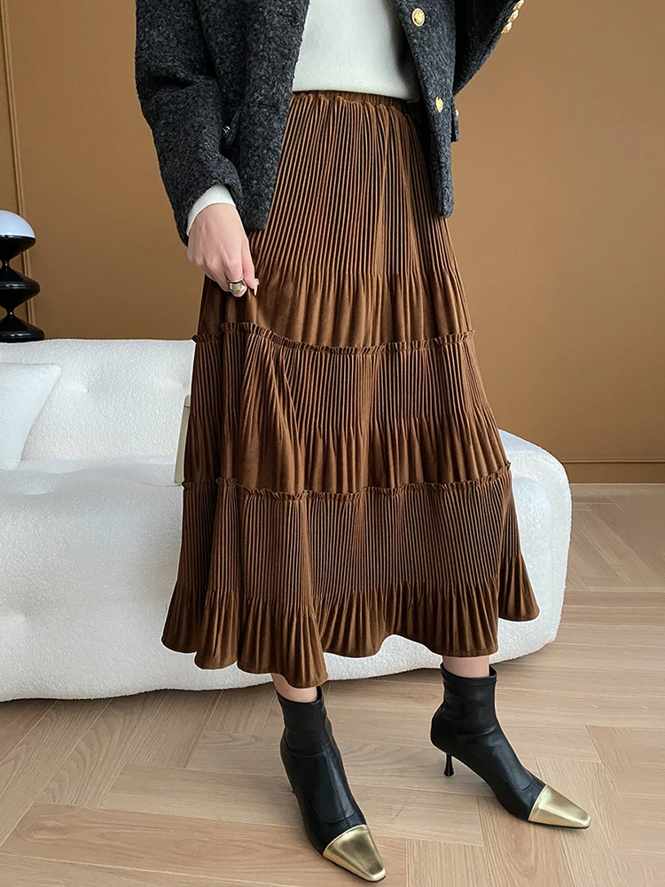 High Elastic Waist Coffee Velvet Pleated A-line Half-body Skirt Loose Women Fashion Tide New Spring Autumn O648