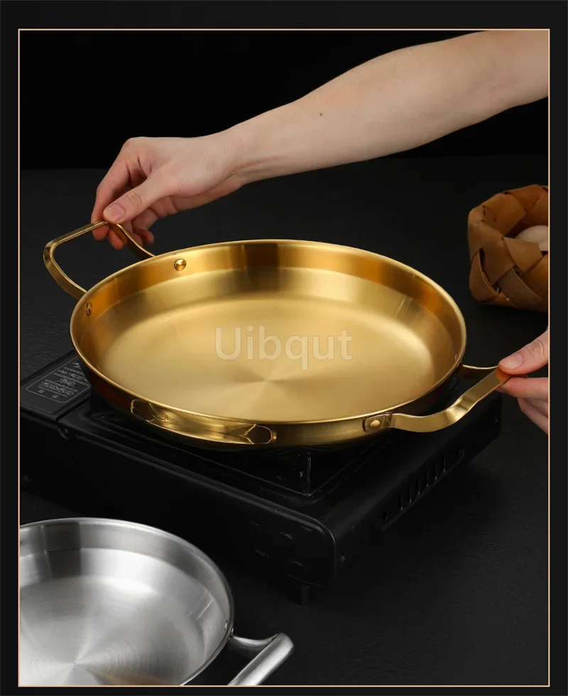 Golden Korean Army Hotpot Thickened commercial double ear Frying pan Dry pot basin Stainless steel Spanish seafood rice pot