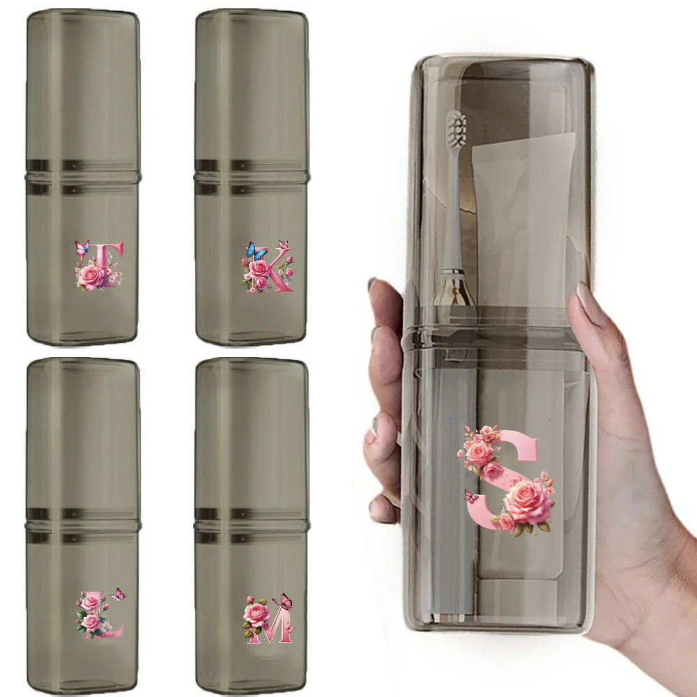 

Portable Mouthwash Cup Large Capacity Toothbrush Storage Box Business Trips Pink butterfly Initial Name 26 Letters Pattern