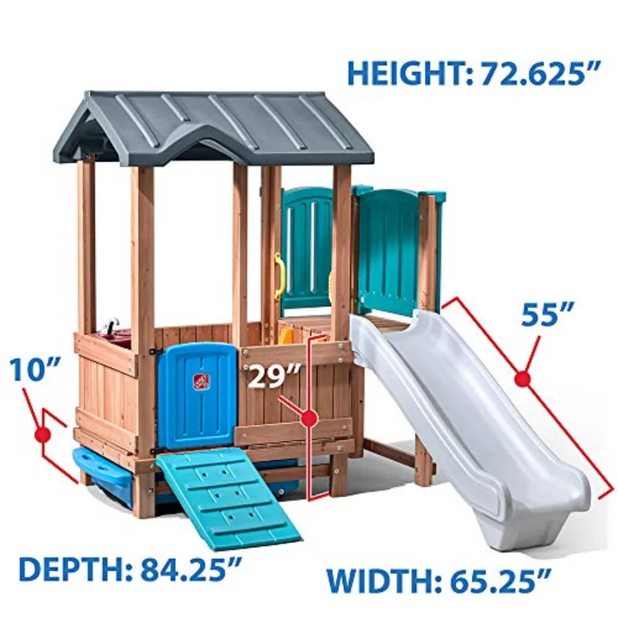 Woodland Adventure Playhouse & Slide, ensemble de jeu extérieur pour enfants, ensemble de terrain de jeu d'arrière-cour, balançoires, tiroir de rangement, en bois et dur