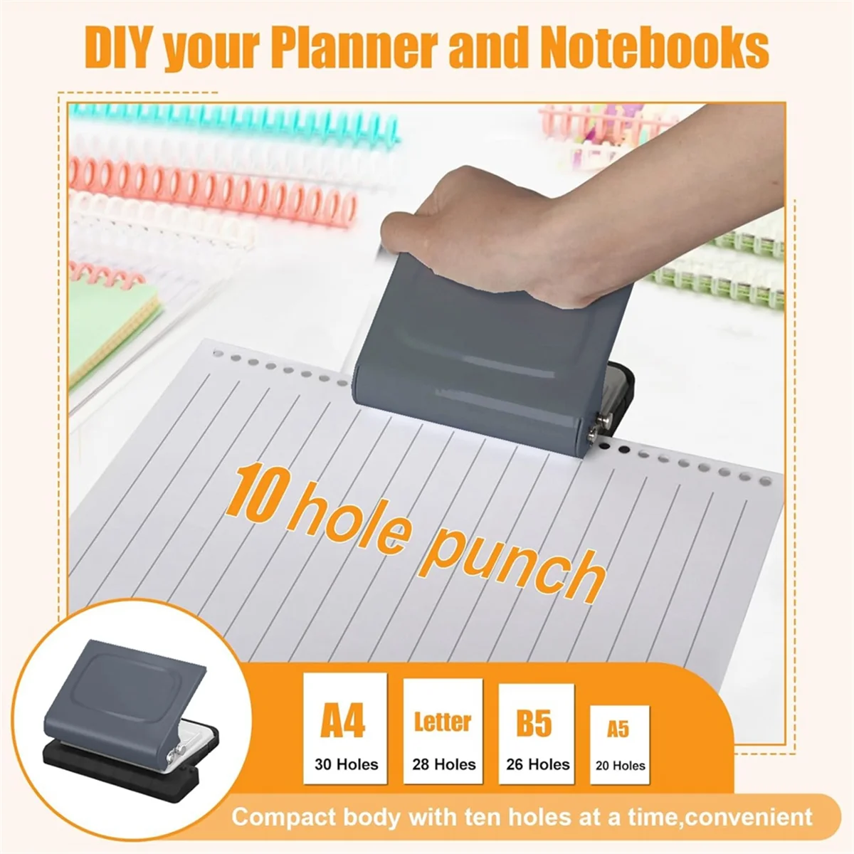 

【Last-Chance!】{10 Hole Punch Binding Machine for Planners, with 10 Multi-Color Binder Rings, 30 Holes on A4, 20 Holes on A5 Grey
