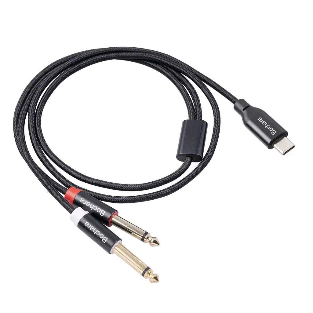 Bochara Braided Type C to Dual 6.35mm Jack OFC Audio Cable Built-in Digital IC Chipset Foil+Braided Shielded 1m 2m 3m