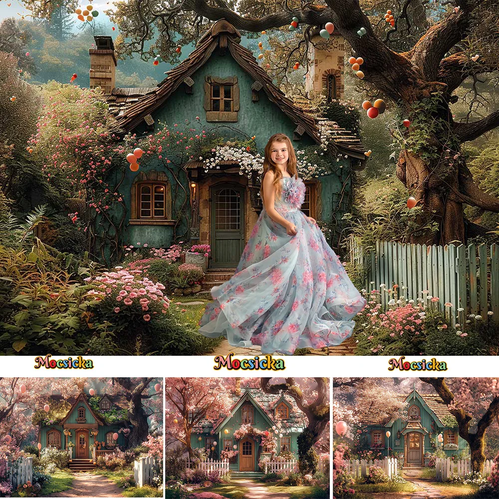 

Photography Background Spring Rustic Wooden House Forest Wonderland Backdrop Poster Floral Girl Birthday Party Cake Smash Booth