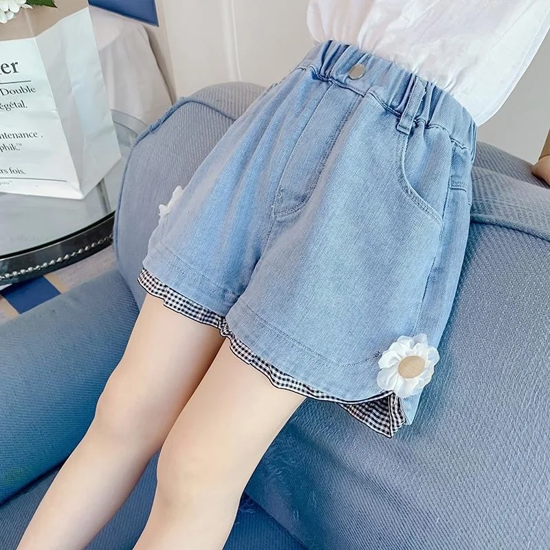 Patchwork Plaid Floral Summer Casual Loose Baby Girls Elastic High-Waist Denim Shorts Pant For 2-14 Years